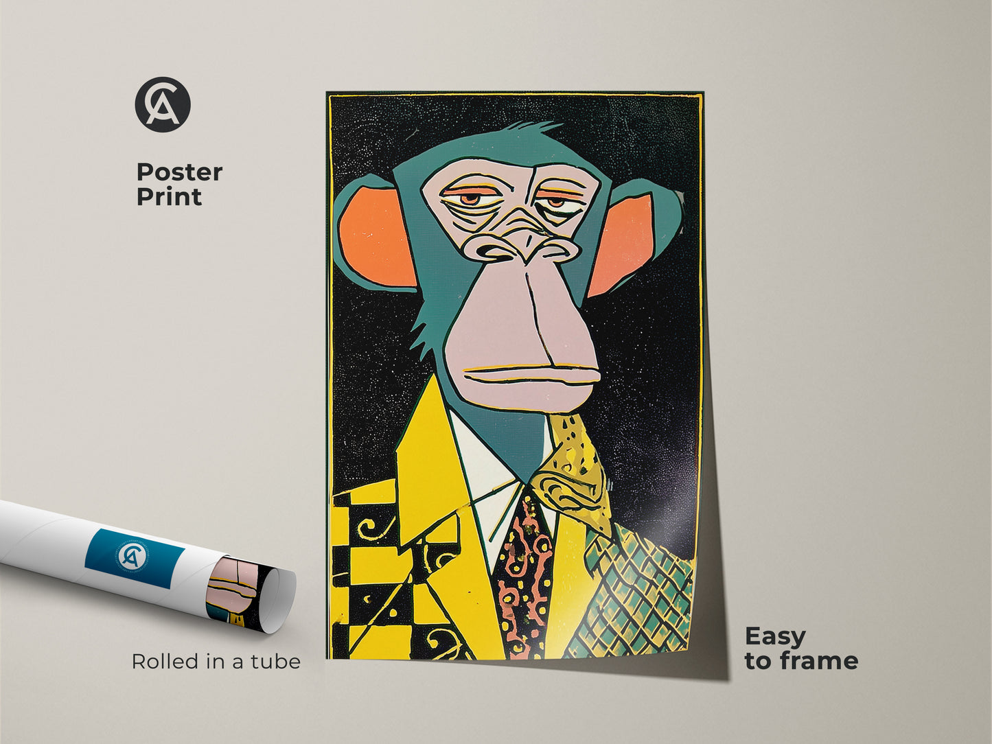 This poster print features a stylish ape in a suit. It is easy to frame and will add a touch of sophistication to any room. The artwork is rolled in a tube for safe shipping. Buy this museum-quality ape artwork today