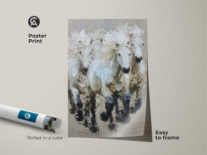 Image of a Galloping White Horses art. This poster print is easy to frame. The textured Impressionist horse art arrives rolled in a tube. It's an ideal wildlife animal canvas art for adding neutral tones to your home.