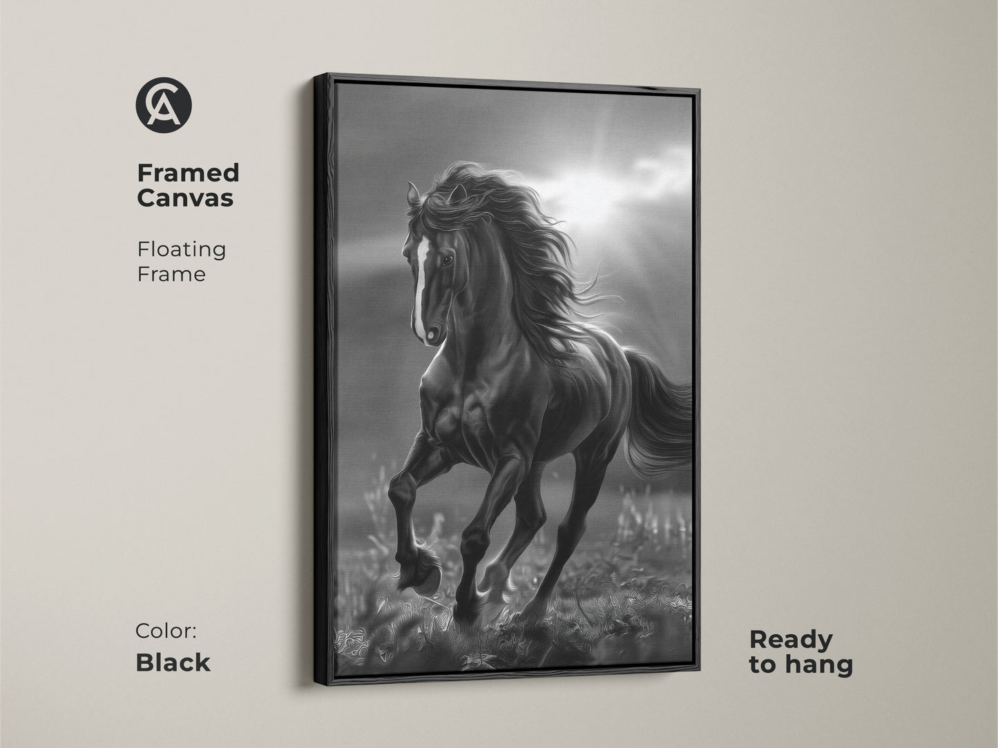 Black framed canvas of black and white horse art. The horse is running in a field with sun rays in the background. The canvas has a floating frame and is ready to hang. Horse artwork for your home.