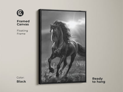 Black framed canvas of black and white horse art. The horse is running in a field with sun rays in the background. The canvas has a floating frame and is ready to hang. Horse artwork for your home.
