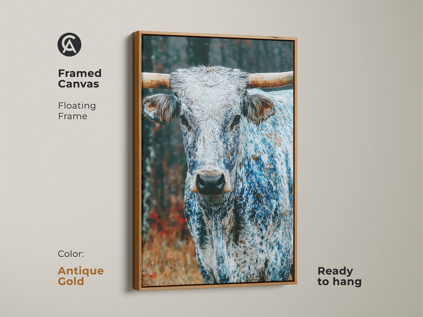 Framed canvas art featuring a Longhorn. The floating frame is antique gold. This ready-to-hang piece offers a touch of elegance. The animal's features are beautifully rendered. It is a luxurious addition to any space.