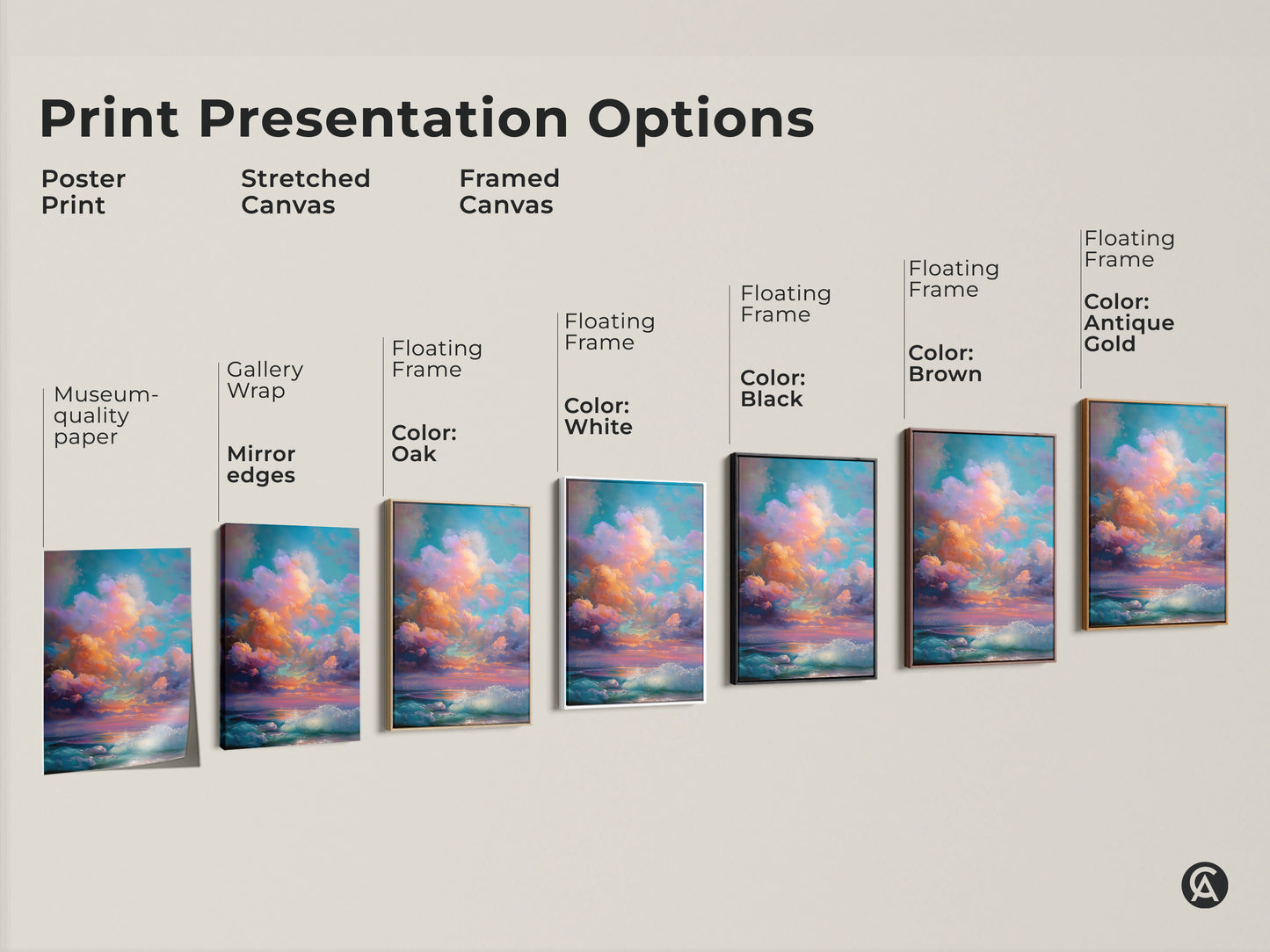 Print presentation options showcasing dreamy seascape canvas art. Various formats include poster print stretched and framed canvas. Floating frame color options are oak white black brown and antique gold.