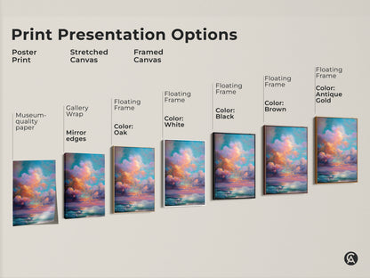 Print presentation options showcasing dreamy seascape canvas art. Various formats include poster print stretched and framed canvas. Floating frame color options are oak white black brown and antique gold.
