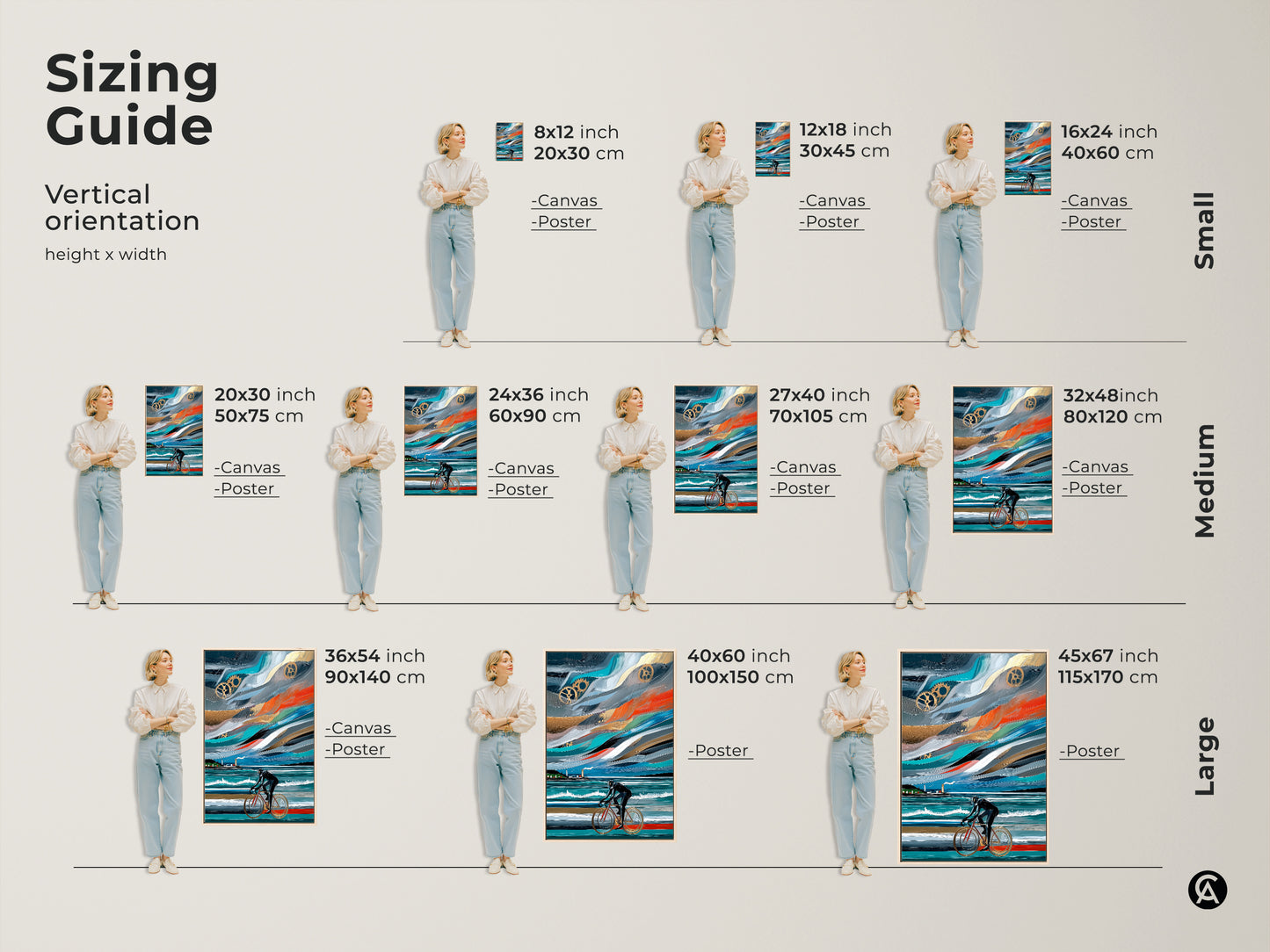 Sizing guide for vertical abstract cyclist artwork. The art is available as canvas or poster. Sizes range from small to large to fit any wall. It features industrial gears and a cyclist. Great for your office or home gym.