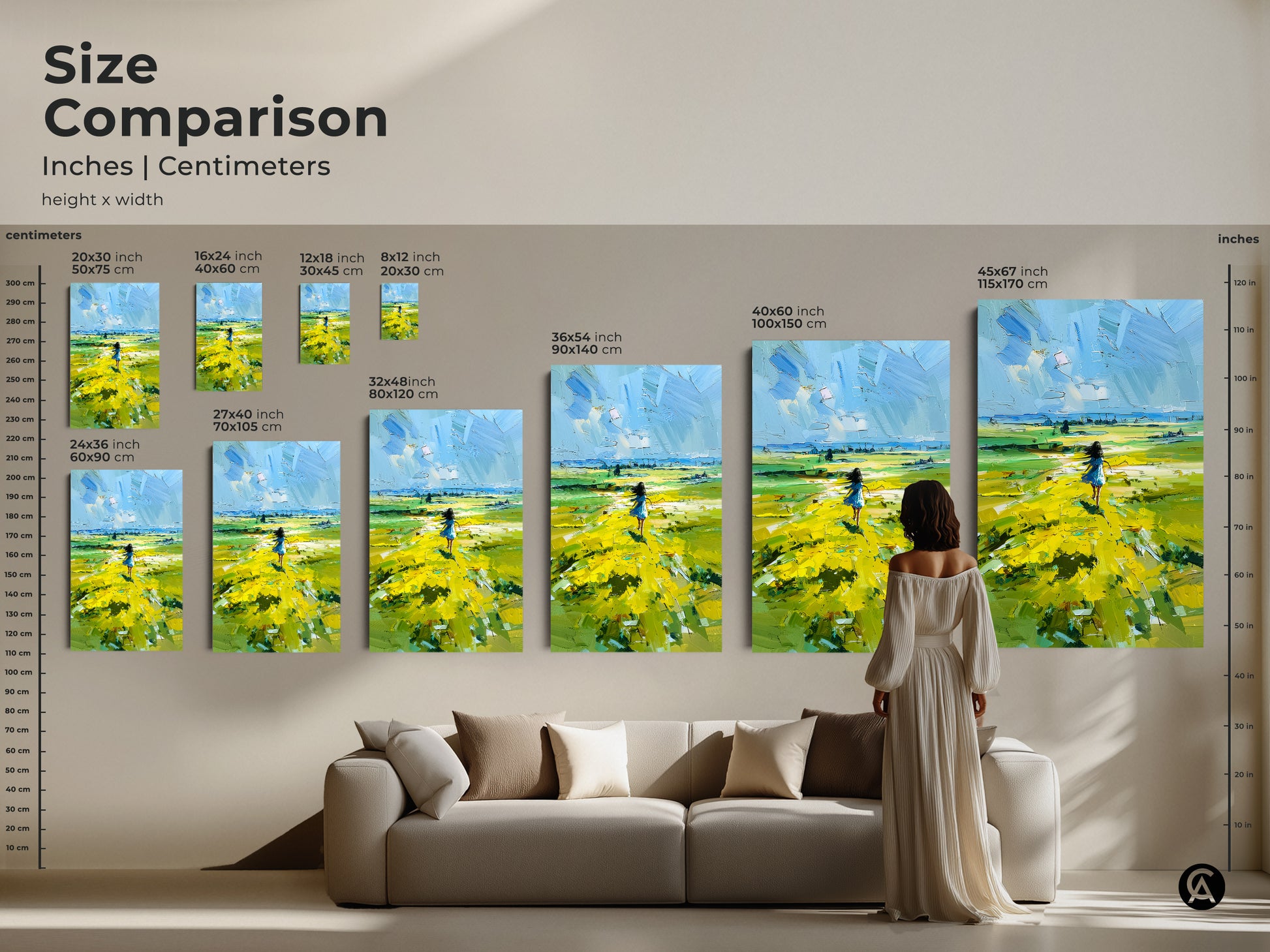 Size Comparison featuring inches and centimeters. Explore a range of dimensions for canvas and poster prints. Visualize the artwork in various sizes from small to large. See how each size complements your living space. Consider options from 20x30 inches to 45x67 inches.