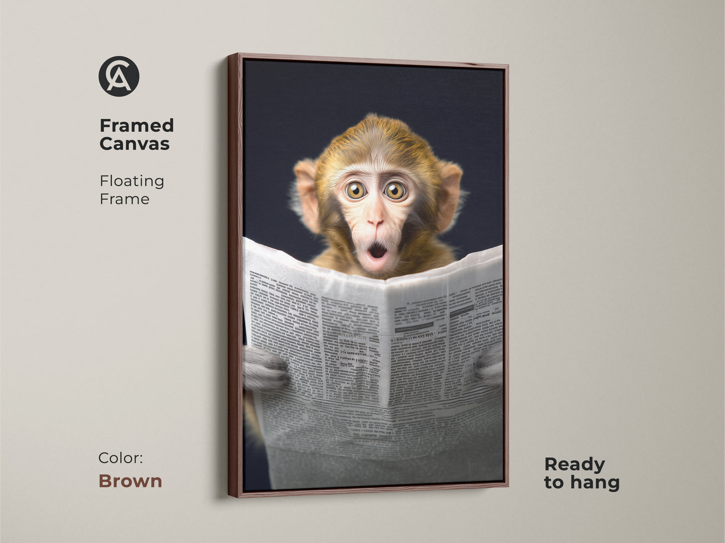 Framed in brown this canvas print features a monkey reading a newspaper artwork. The floating frame highlights the funny animal. This unique wall hanging is ready to hang bringing quirky artwork to your study. It is a great gift for animal lovers and office workers. The eclectic home decor print adds warmth with brown and yellow tones. It serves as a perfect conversation starter.