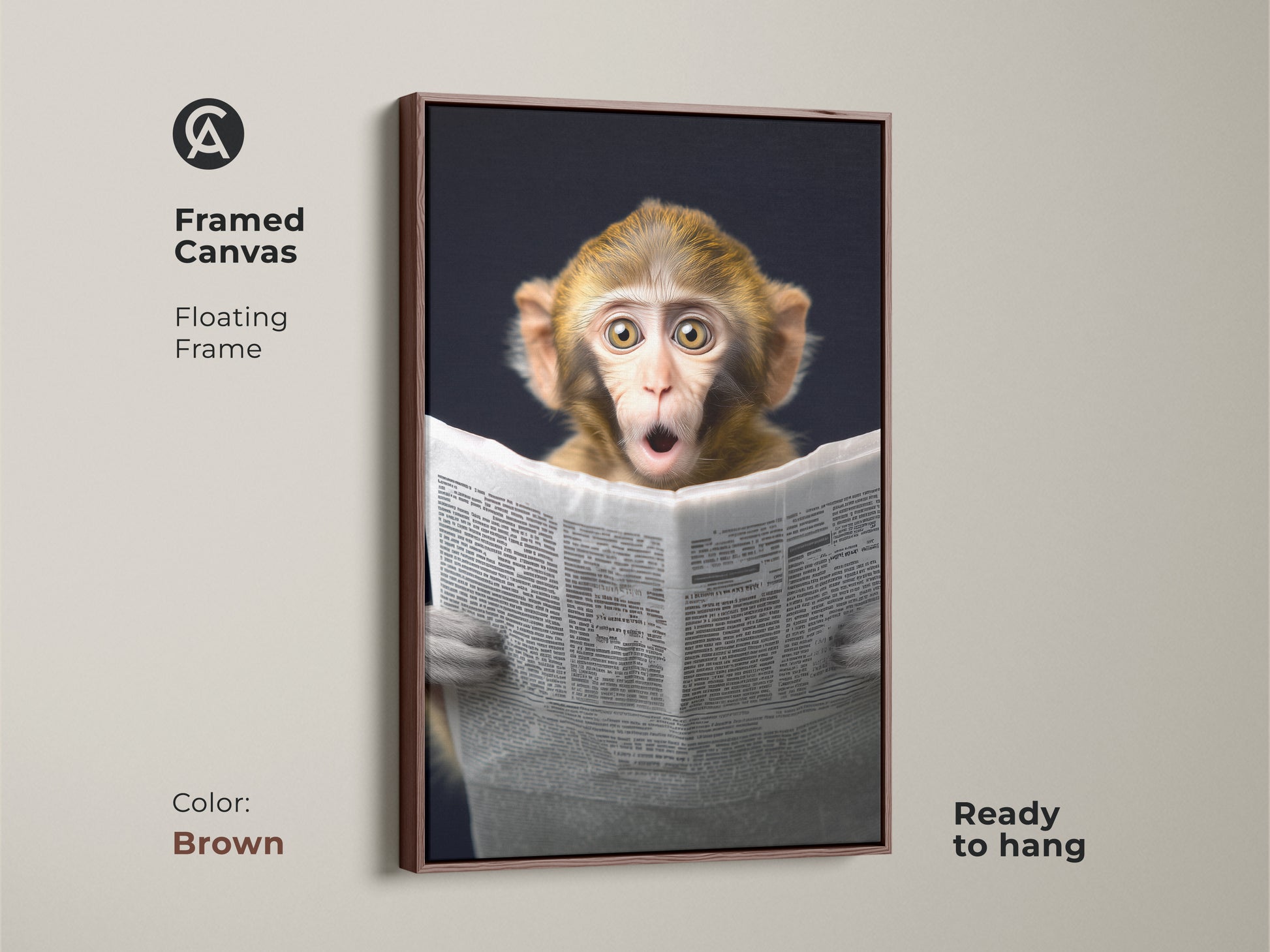 Framed in brown this canvas print features a monkey reading a newspaper artwork. The floating frame highlights the funny animal. This unique wall hanging is ready to hang bringing quirky artwork to your study. It is a great gift for animal lovers and office workers. The eclectic home decor print adds warmth with brown and yellow tones. It serves as a perfect conversation starter.