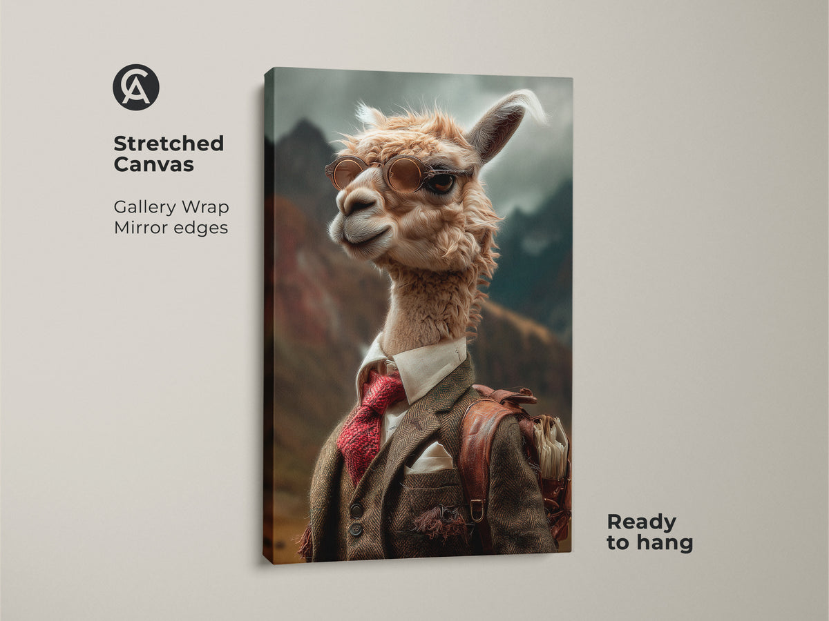 Add a touch of whimsy with this dapper llama canvas print. The anthropomorphic animal art is perfect for eclectic home decor. It suits a study room or makes a unique office statement. Showcases a llama in a tweed suit. This sophisticated painting is a gift for animal lovers. The nature landscape background is beautiful.