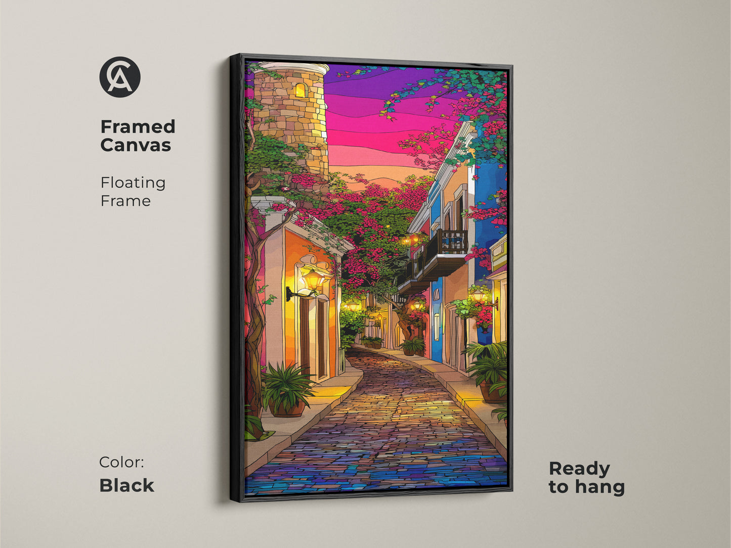 Framed canvas featuring a cobblestone street cityscape. Floating in a black frame. The purple blue pink sunset makes for an eclectic travel lover gift. Enhances residential hallway decor with colorful European street artwork. Ready to hang.