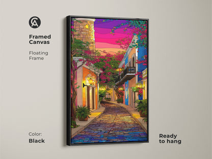Framed canvas featuring a cobblestone street cityscape. Floating in a black frame. The purple blue pink sunset makes for an eclectic travel lover gift. Enhances residential hallway decor with colorful European street artwork. Ready to hang.