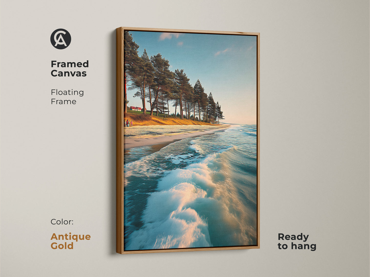 Antique gold framed canvas featuring a floating frame with ocean waves. Pine trees art create a luxurious coastal feel. This seaside landscape art print is ready to hang offering a beautiful ocean view.