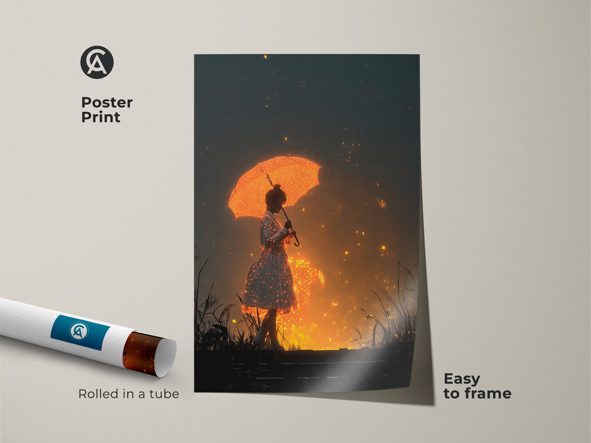 Poster print showcasing a girl with umbrella art. The fantasy digital art features orange sparkling lights. This surrealism figurative art is a dreamer gift. The whimsical glowing art decor is easy to frame. Rolled in a tube for protection.