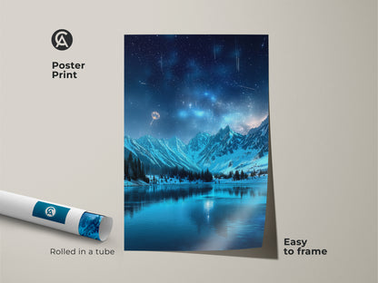 Poster Print of a Fantasy Starry Sky Wall. The print features snowy mountains and a tranquil lake under a star-filled sky. This celestial artwork is easy to frame. Rolled in a tube the sci-fi landscape artwork is perfect for any room.
