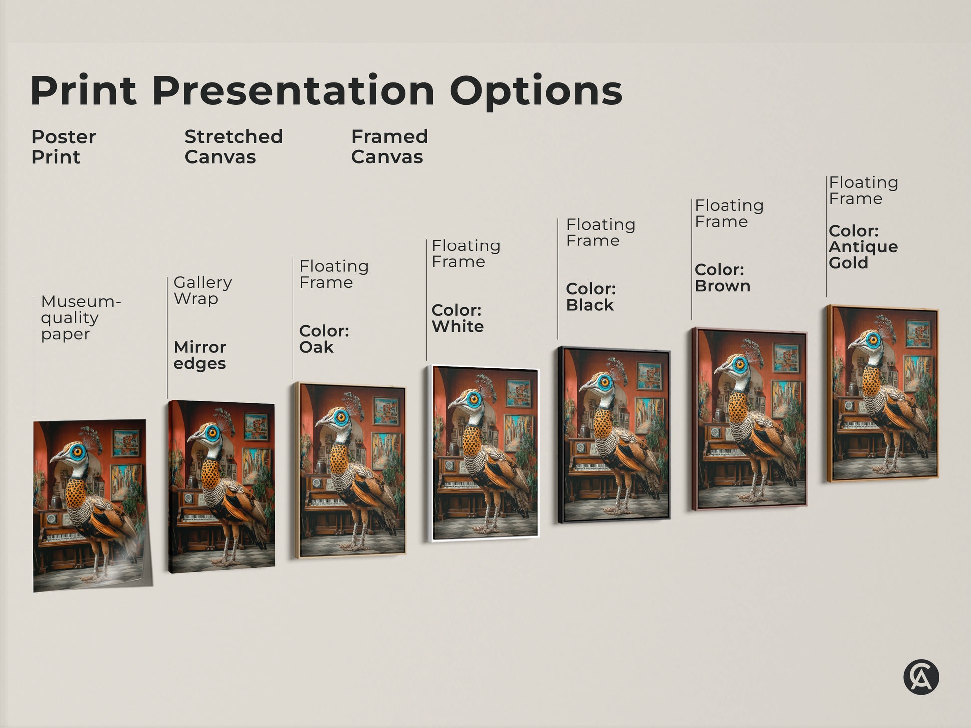 Explore print presentation options for surreal peacock artwork. Choose from poster stretched or framed canvas. Each ornate bird print brings eclectic style to your study room decor. Find museum quality paper gallery wrapped edges and floating frames. Perfect as unique gifts for art lovers.