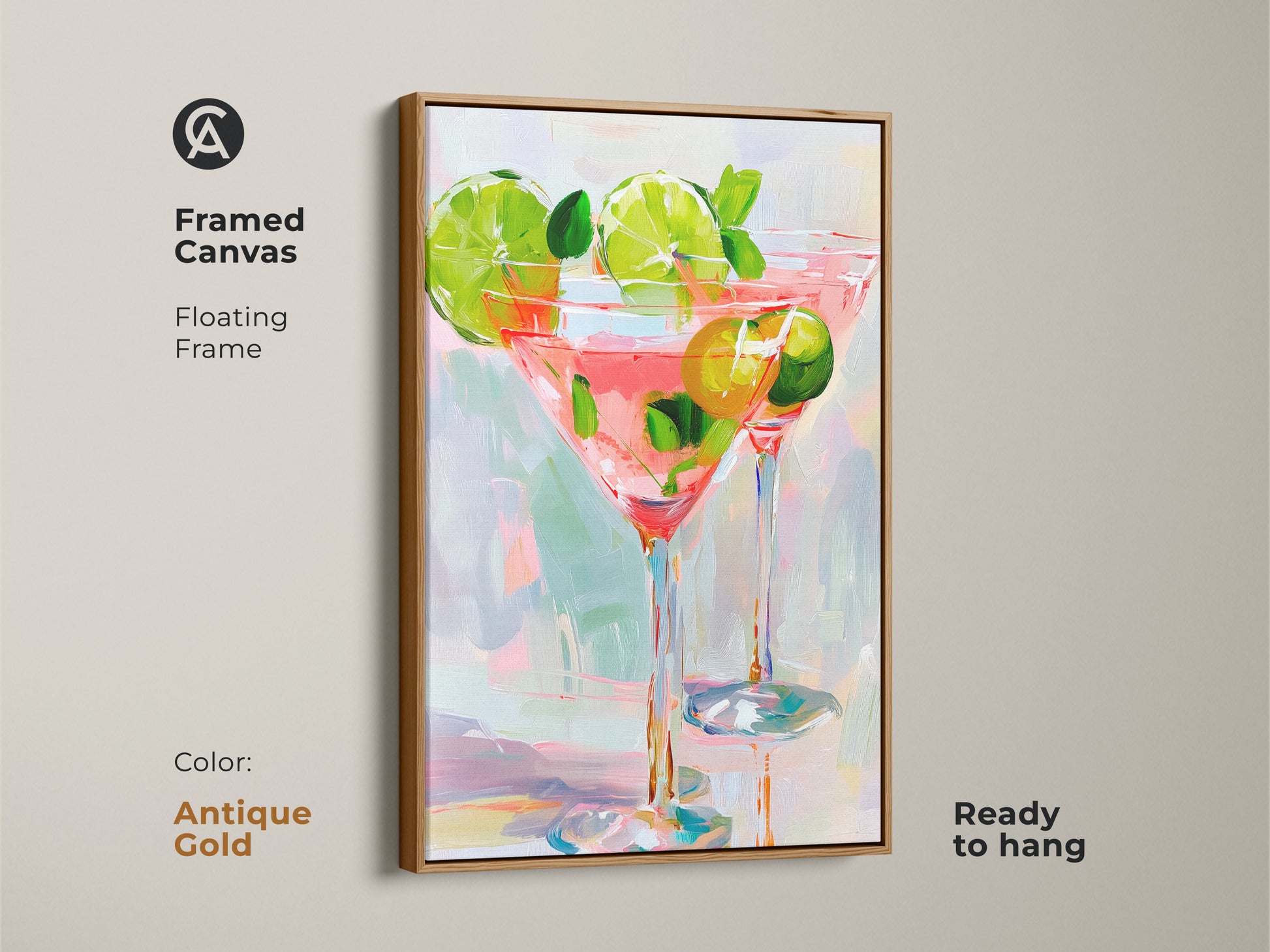 Framed Canvas art. The floating frame is antique gold. It displays two cocktail glasses filled with a pink beverage. Limes and mint garnish the drinks. This ready-to-hang artwork adds a modern touch to your space.