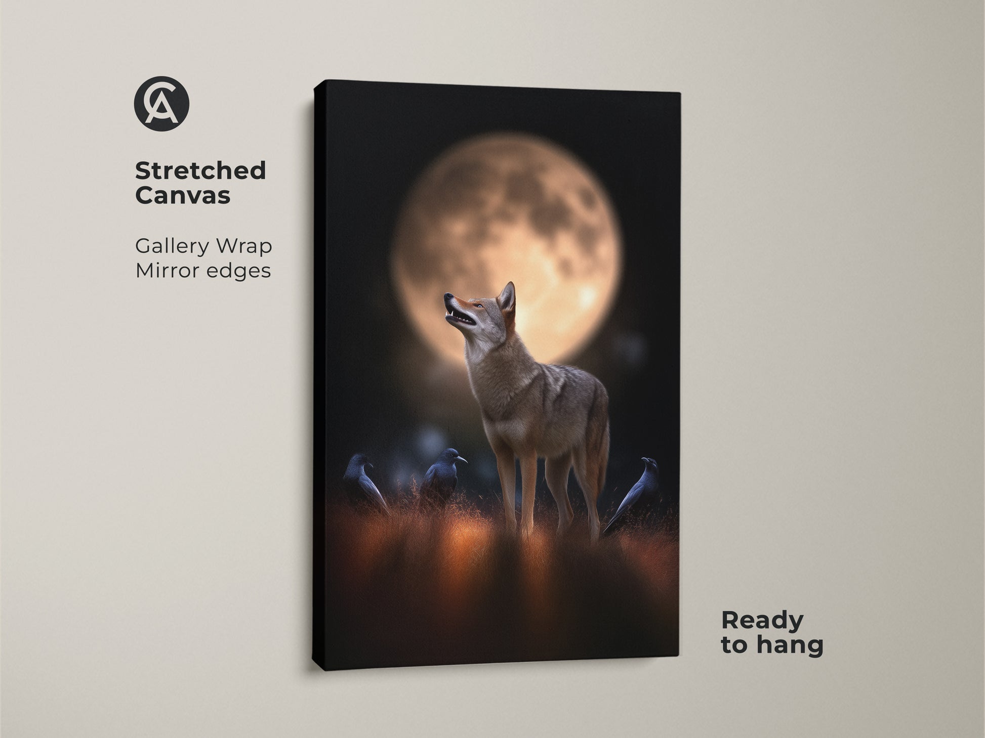 Stretched canvas art shows a coyote and crows under a full moon. The gallery wrap has mirrored edges. Ready to hang this wildlife print brings nature indoors. The golden orange hues and dark details create a photorealistic artwork. Ideal for rustic home decor.