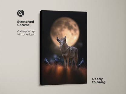 Stretched canvas art shows a coyote and crows under a full moon. The gallery wrap has mirrored edges. Ready to hang this wildlife print brings nature indoors. The golden orange hues and dark details create a photorealistic artwork. Ideal for rustic home decor.