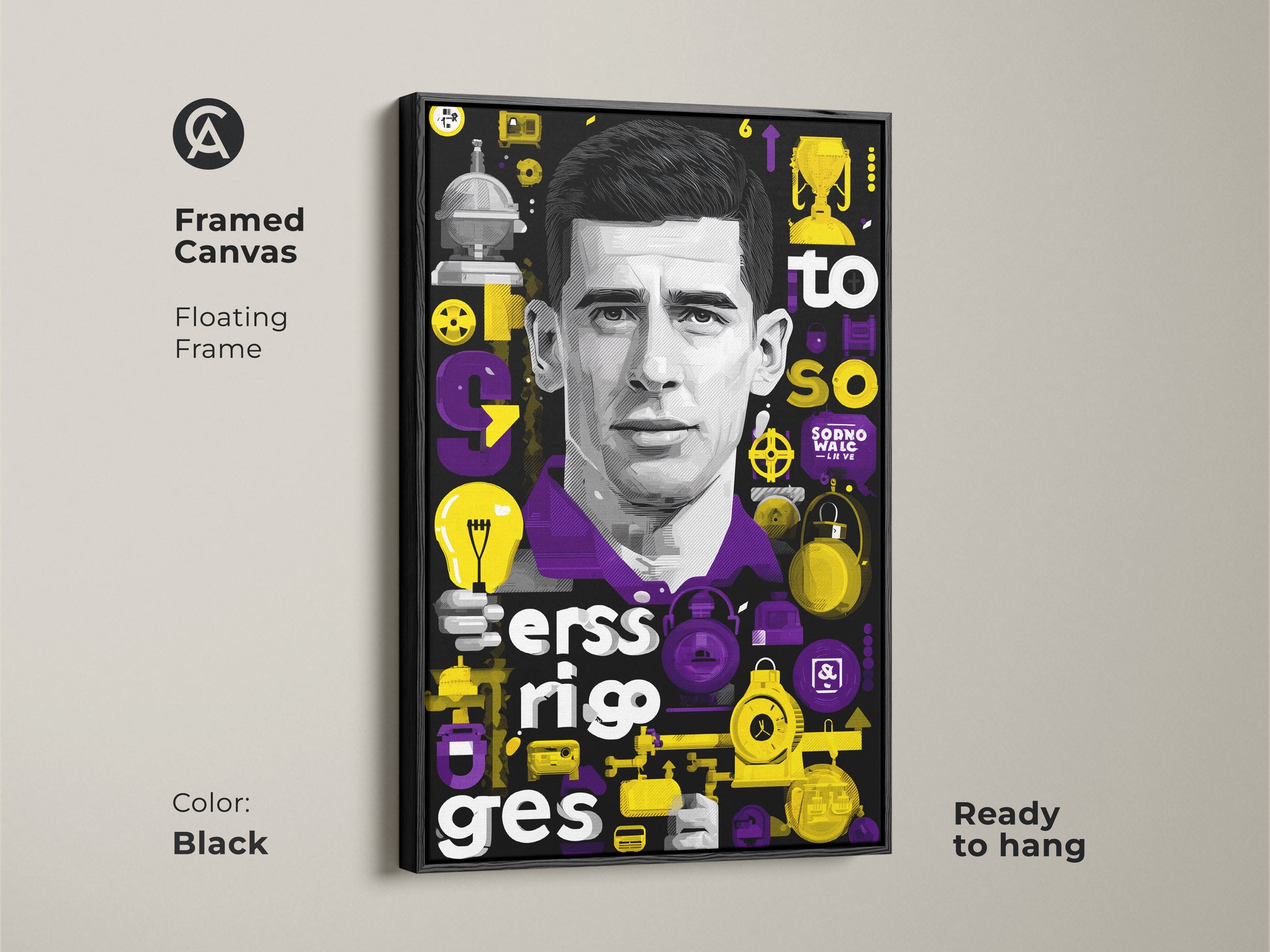 Framed canvas art. Purple yellow man portrait. It's ready to hang with a floating frame. Typography art decor as inspiration gift art. Modern office wall art. Contemporary man portrait in black frame.