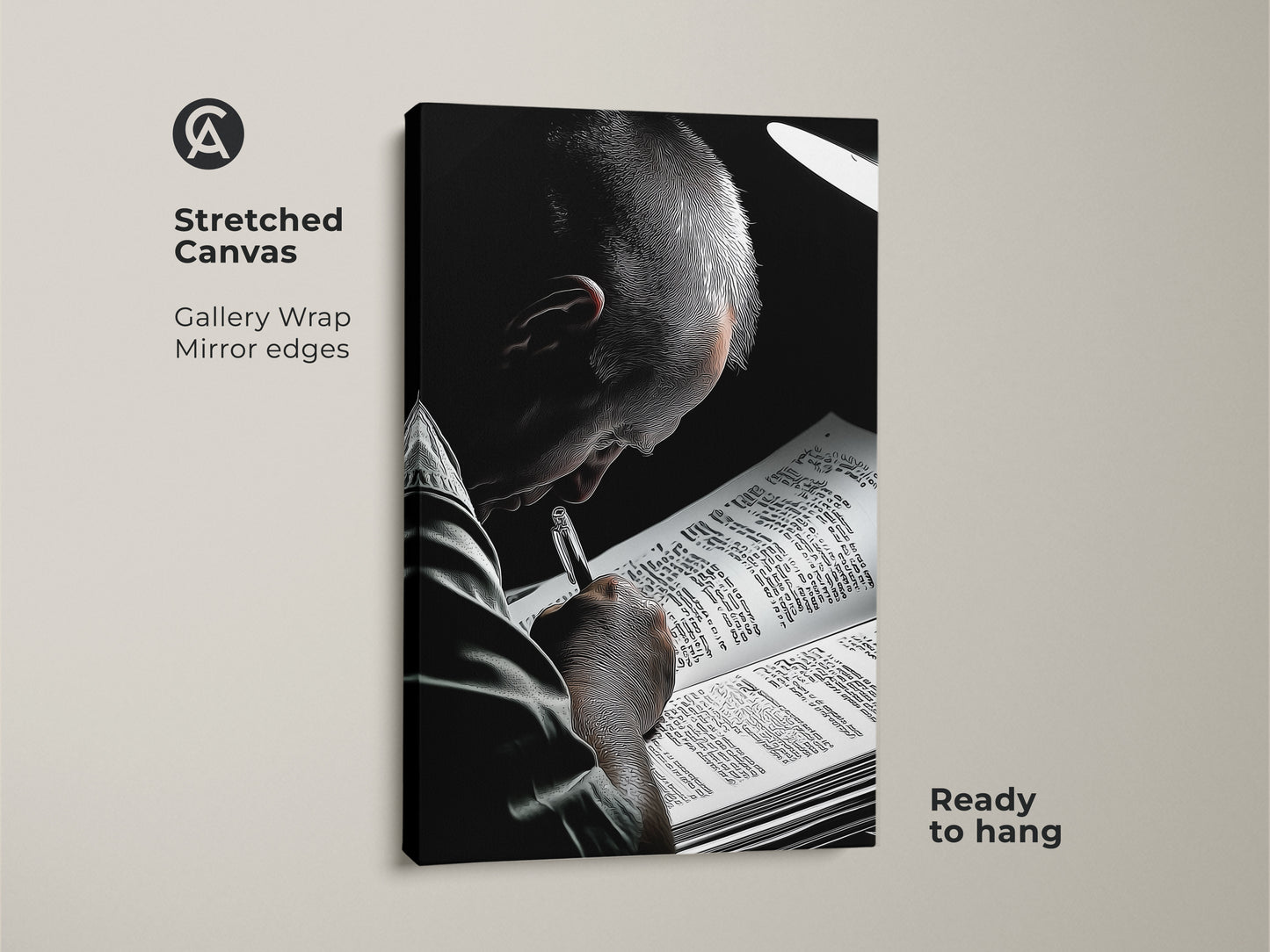A stretched canvas presents black and white artwork of a man reading. The gallery wrap has mirrored edges making it ready to hang for easy display. This contemporary art piece is a literature gift and book lover present. Perfect as study wall art decor and office art print this enhances minimalist home decor and academic wall art.