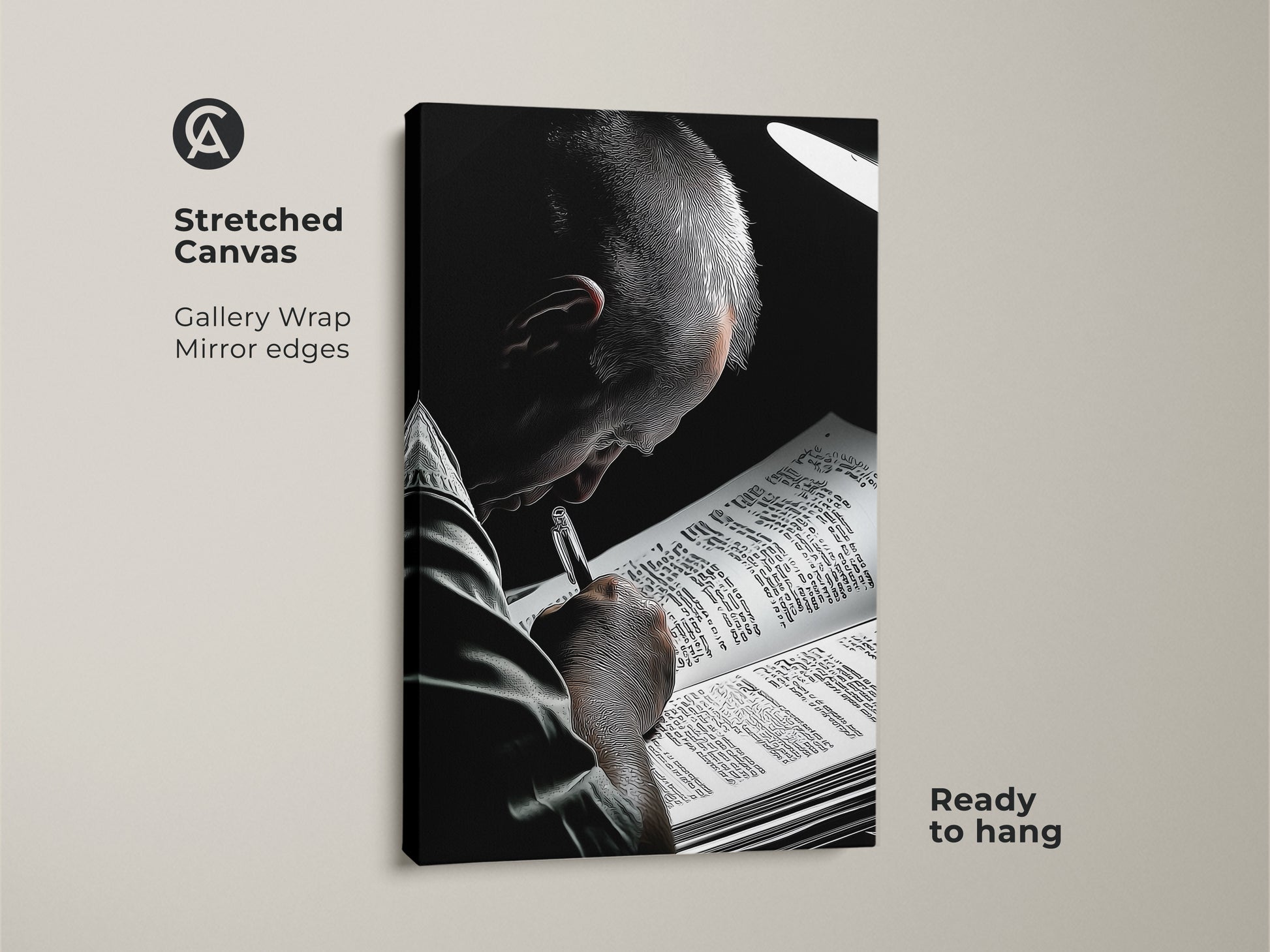 A stretched canvas presents black and white artwork of a man reading. The gallery wrap has mirrored edges making it ready to hang for easy display. This contemporary art piece is a literature gift and book lover present. Perfect as study wall art decor and office art print this enhances minimalist home decor and academic wall art.