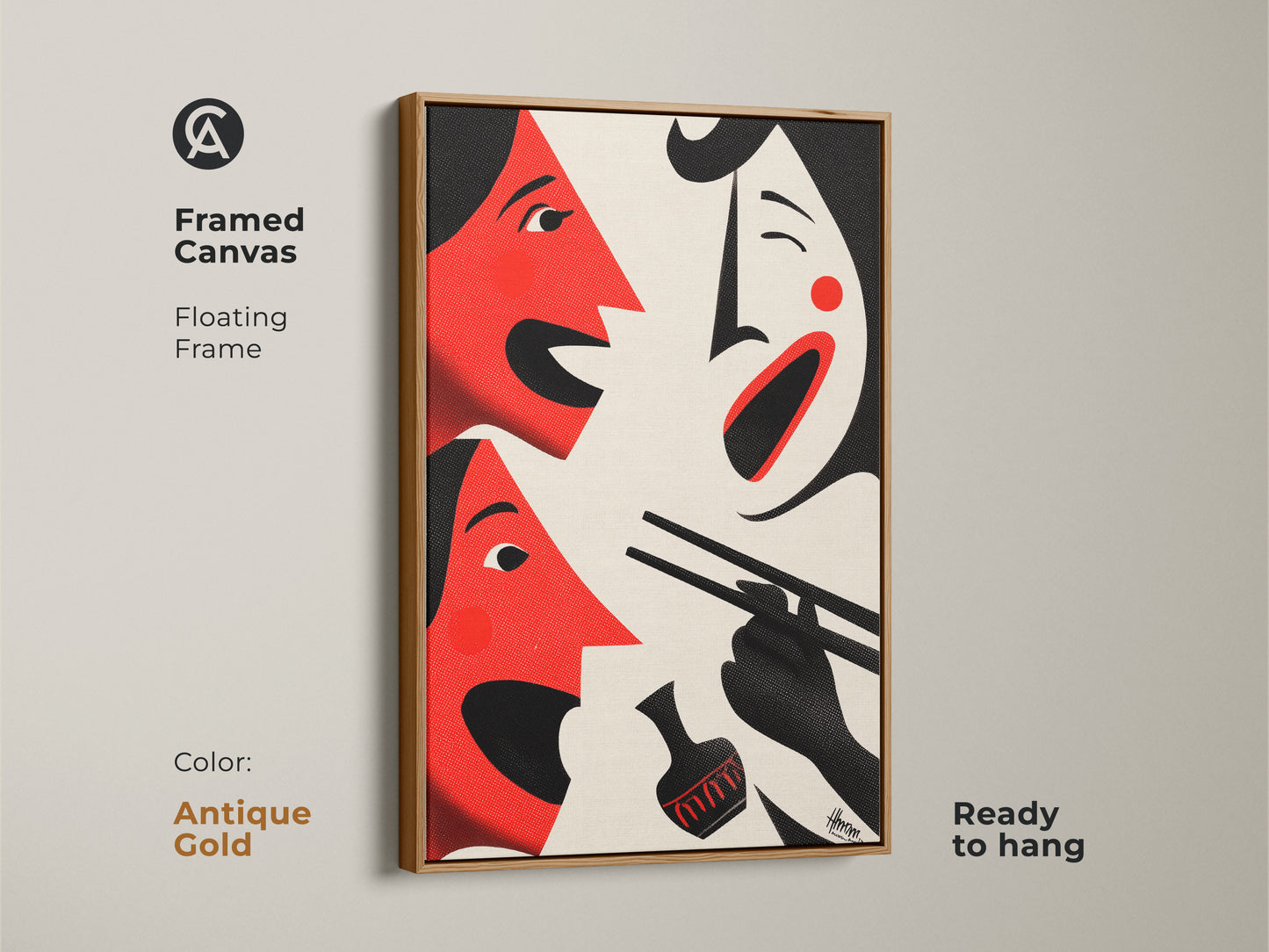 Framed canvas print featuring red abstract face art. This modern artwork has an antique gold floating frame. It's ready to hang and brings a touch of culture. With cream black and red the dining room canvas will enhance your decor. A great foodie housewarming gift. Shop now and upgrade your space.