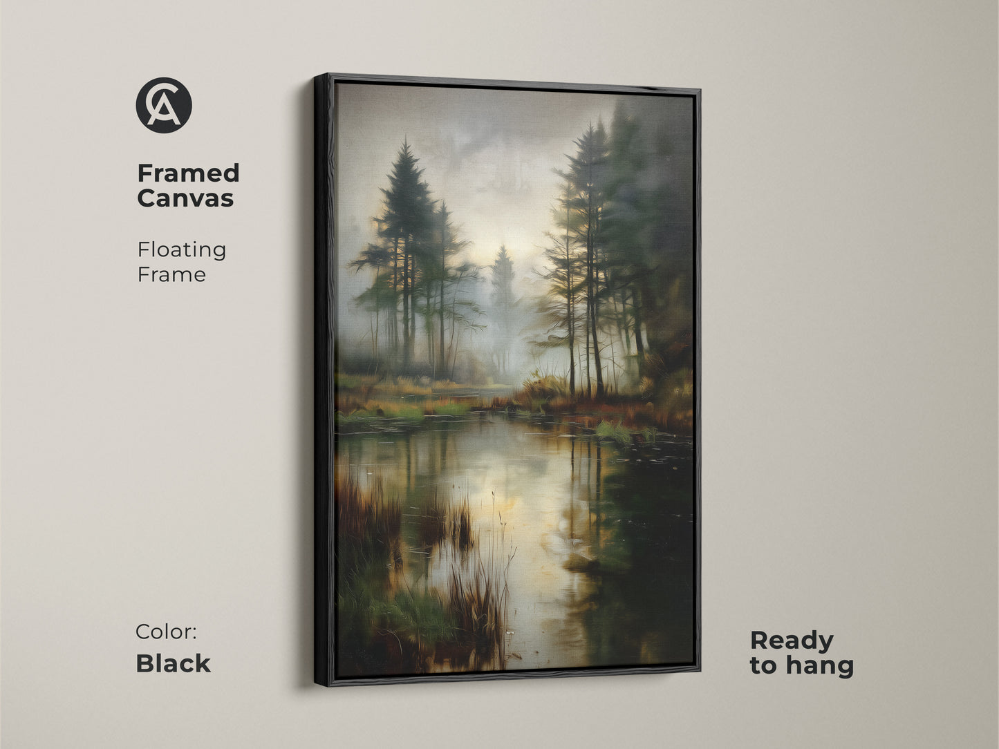 Framed canvas of a misty pine forest lake with a black floating frame. The deep green nature print is ready to hang. This rustic landscape artwork brings peaceful forest scenery to your home. Ideal for nature lovers.