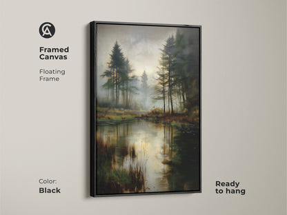 Framed canvas of a misty pine forest lake with a black floating frame. The deep green nature print is ready to hang. This rustic landscape artwork brings peaceful forest scenery to your home. Ideal for nature lovers.