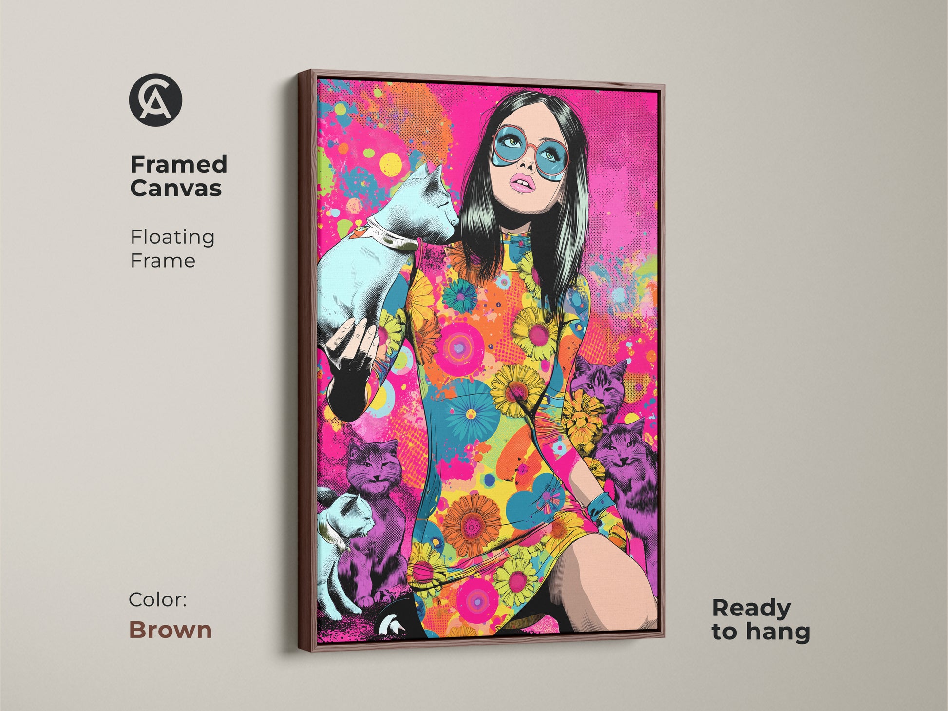 This framed canvas features a floating brown frame enhancing the psychedelic pop art. The artwork displays a woman with cats in retro style. Ready to hang this piece adds vibrant color to any wall decor.