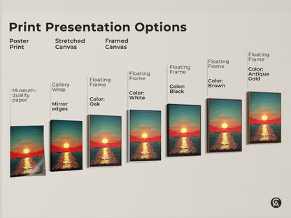 Print presentation options for glitch art canvas. Choose from poster stretched or framed canvas. Floating frames come in black brown oak antique gold and white. Find the perfect abstract sunset seascape for your space.