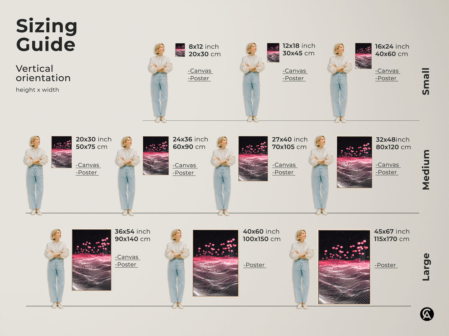 Sizing Guide for Sci-Fi Abstract Landscape Canvas and Poster Prints. Vertical orientation options shown from small to large. Pink Balloons decorate the Magenta Starry Sky. Visualize the art in 8x12 to 45x67 inches. Perfect wall decor for any space. Find your ideal size.