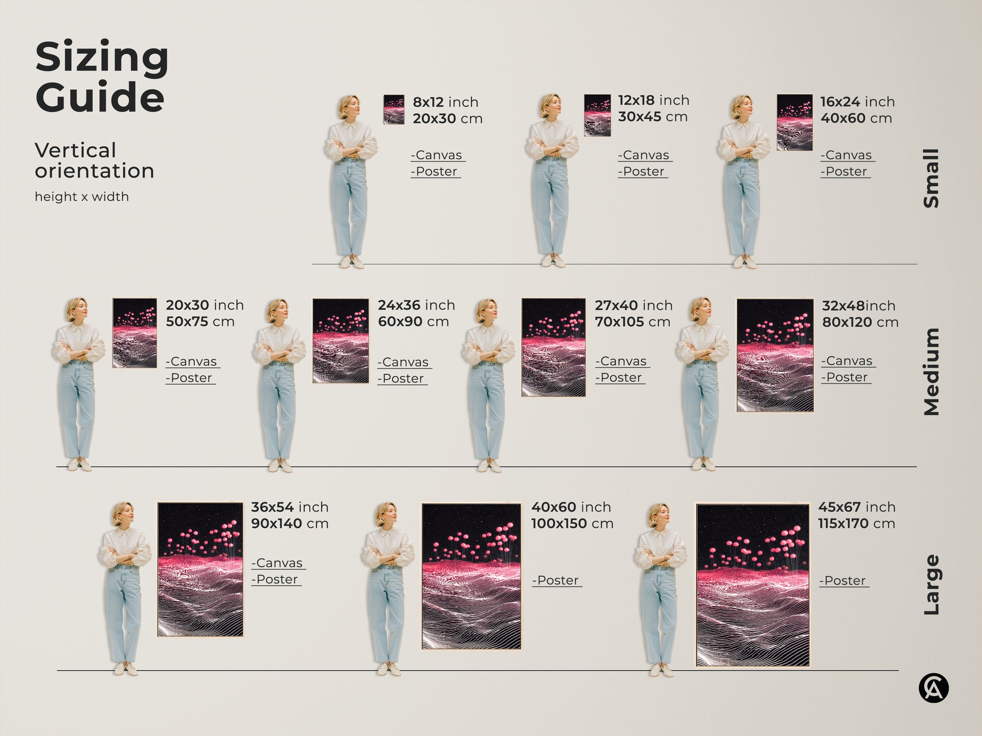 Sizing Guide for Sci-Fi Abstract Landscape Canvas and Poster Prints. Vertical orientation options shown from small to large. Pink Balloons decorate the Magenta Starry Sky. Visualize the art in 8x12 to 45x67 inches. Perfect wall decor for any space. Find your ideal size.