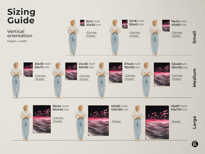 Sizing Guide for Sci-Fi Abstract Landscape Canvas and Poster Prints. Vertical orientation options shown from small to large. Pink Balloons decorate the Magenta Starry Sky. Visualize the art in 8x12 to 45x67 inches. Perfect wall decor for any space. Find your ideal size.