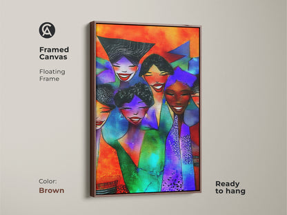 Framed Canvas showcasing abstract faces wall art. This contemporary group portrait features a brown floating frame. The eclectic Orange and Blue artwork is ready to hang.