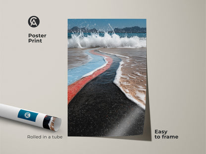 Poster print showcasing abstract ocean wave art. This beach landscape artwork is rolled in a tube for easy framing. Features teal coral blue wall art for modern coastal decor. A unique abstract seascape canvas for any room.