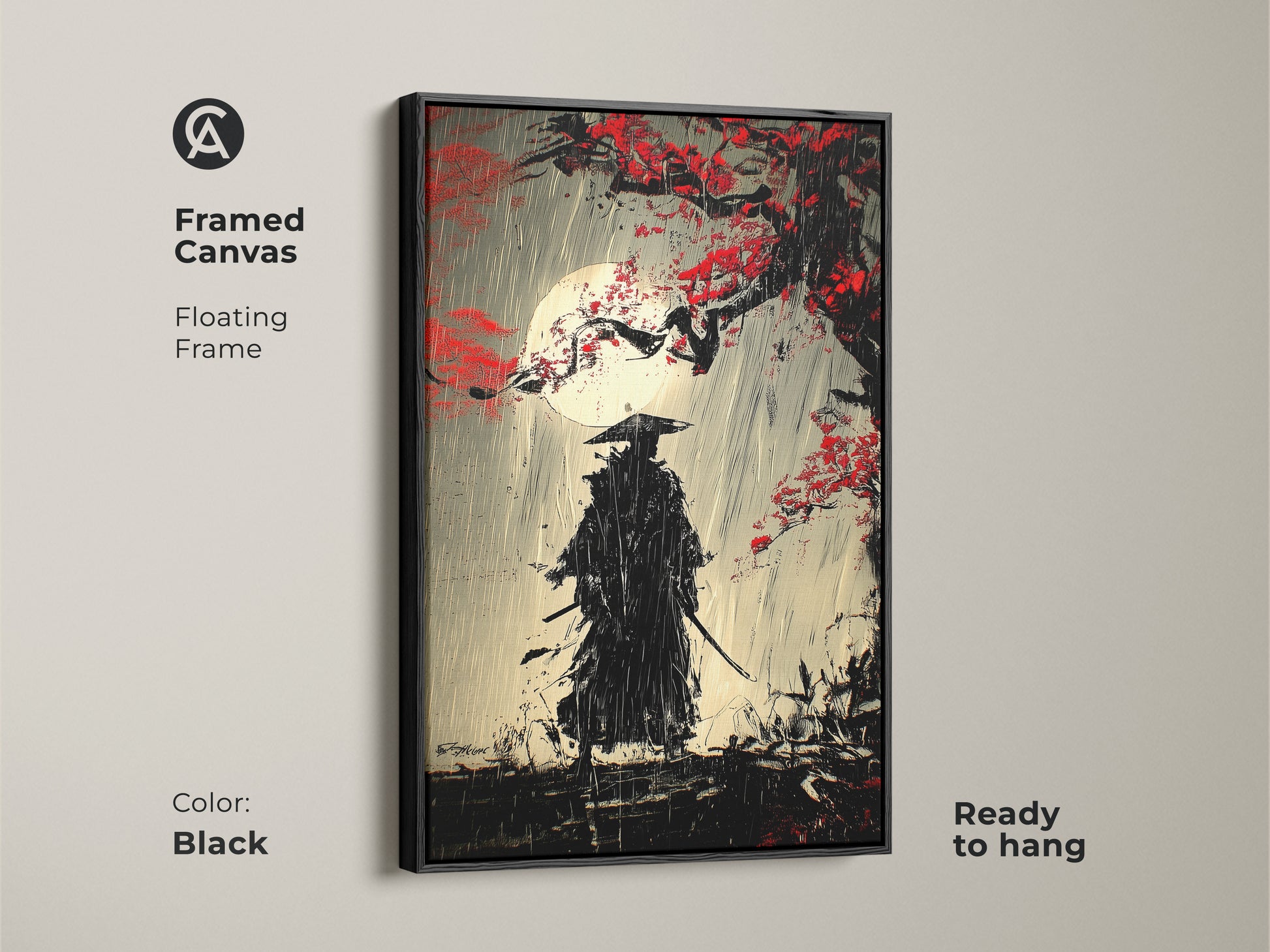 This framed canvas showcases a black samurai warrior artwork. The Ukiyo-e style painting is ready to hang. This Japanese art wall decor features a floating frame. The moonlit rain artwork is perfect for a study room. This warrior with sword print adds Asian art to your space.