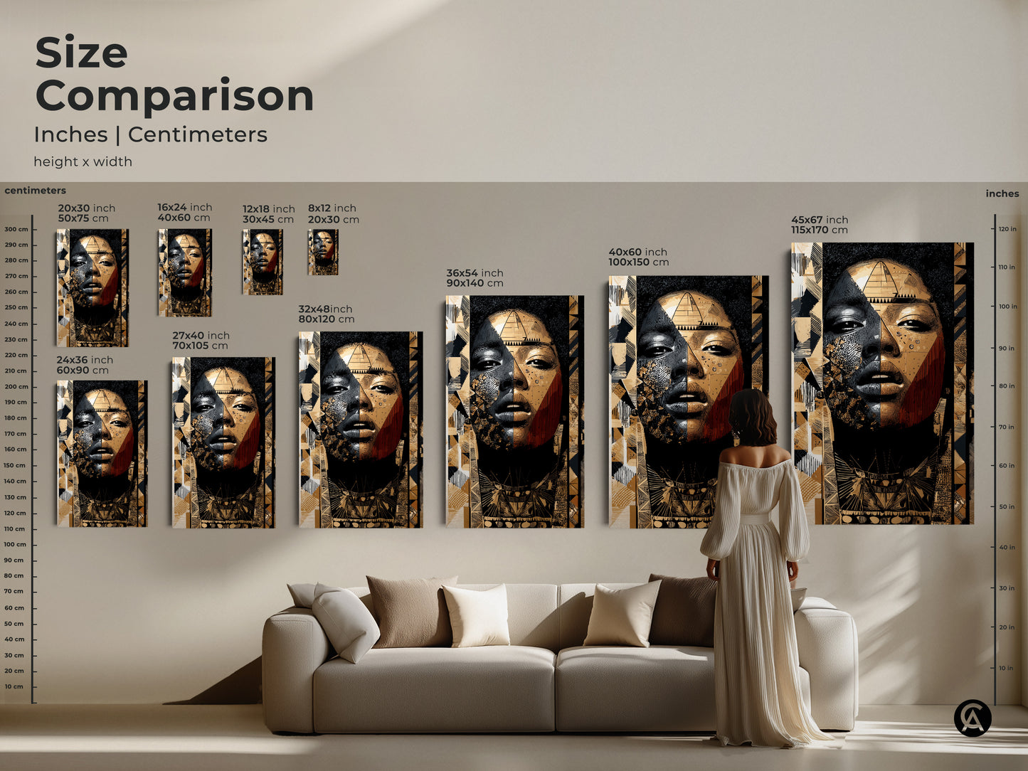 Size comparison for abstract woman portrait artwork. Available in various sizes from small to large. See how this modern tribal artwork looks above a sofa. It is a unique home decor gift.