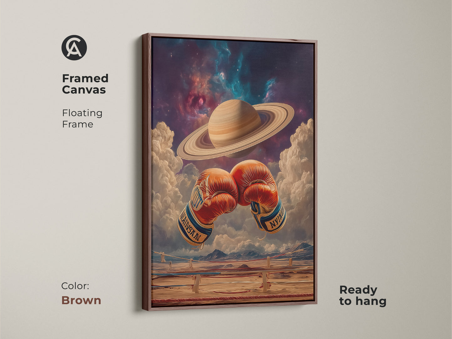 Brown framed canvas art featuring boxing gloves and Saturn. This piece is ready to hang. It is perfect for eclectic room decor. Get this office boxing decor. Ideal gift for a boxing fan or space lover. Transform your space with surrealism.