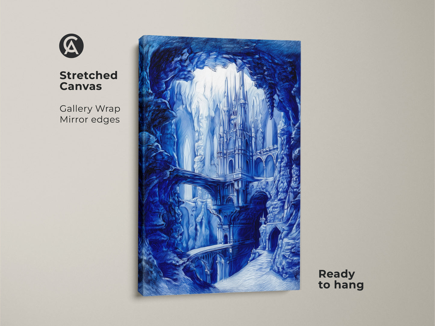 Stretched canvas art featuring a monochromatic blue castle scene. The artwork has a gallery wrap with mirrored edges. This ready-to-hang piece brings a touch of serene fantasy to your home decor.