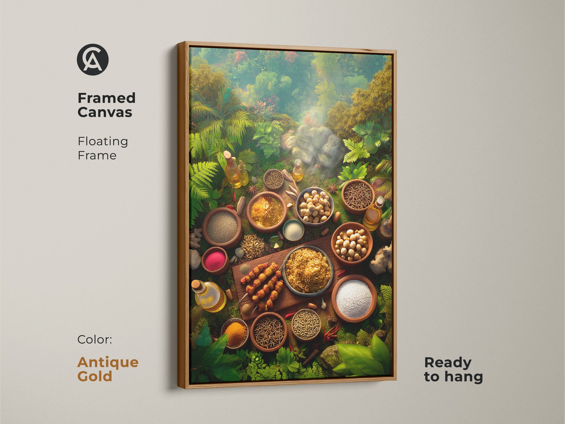 Framed in antique gold this canvas artwork displays spices and ingredients. The floating frame adds a touch of vintage charm to the jungle backdrop. Ready to hang this piece brings a unique aesthetic to your decor. The culinary-themed artwork infuses your space with warmth. Shop now to elevate your home.