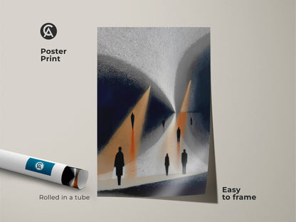 Easy to frame Poster Print of Gold Navy Abstract Art. Minimalist silhouettes are walking a path. The contemporary artwork features abstract figures wall decor. The surreal path theme is printed on museum-quality paper. Great as a housewarming gift art.