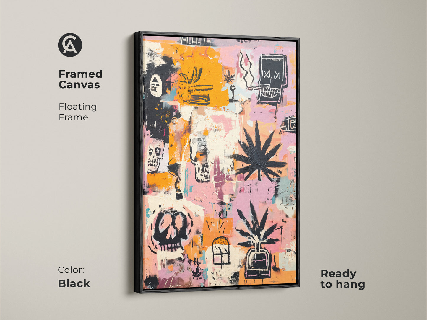 Framed canvas art in a black floating frame. The artwork features skulls and cannabis leaves. Ready to hang. This graffiti-style art adds a modern touch. Perfect for art enthusiasts. Elevate your home decor with this unique framed print.
