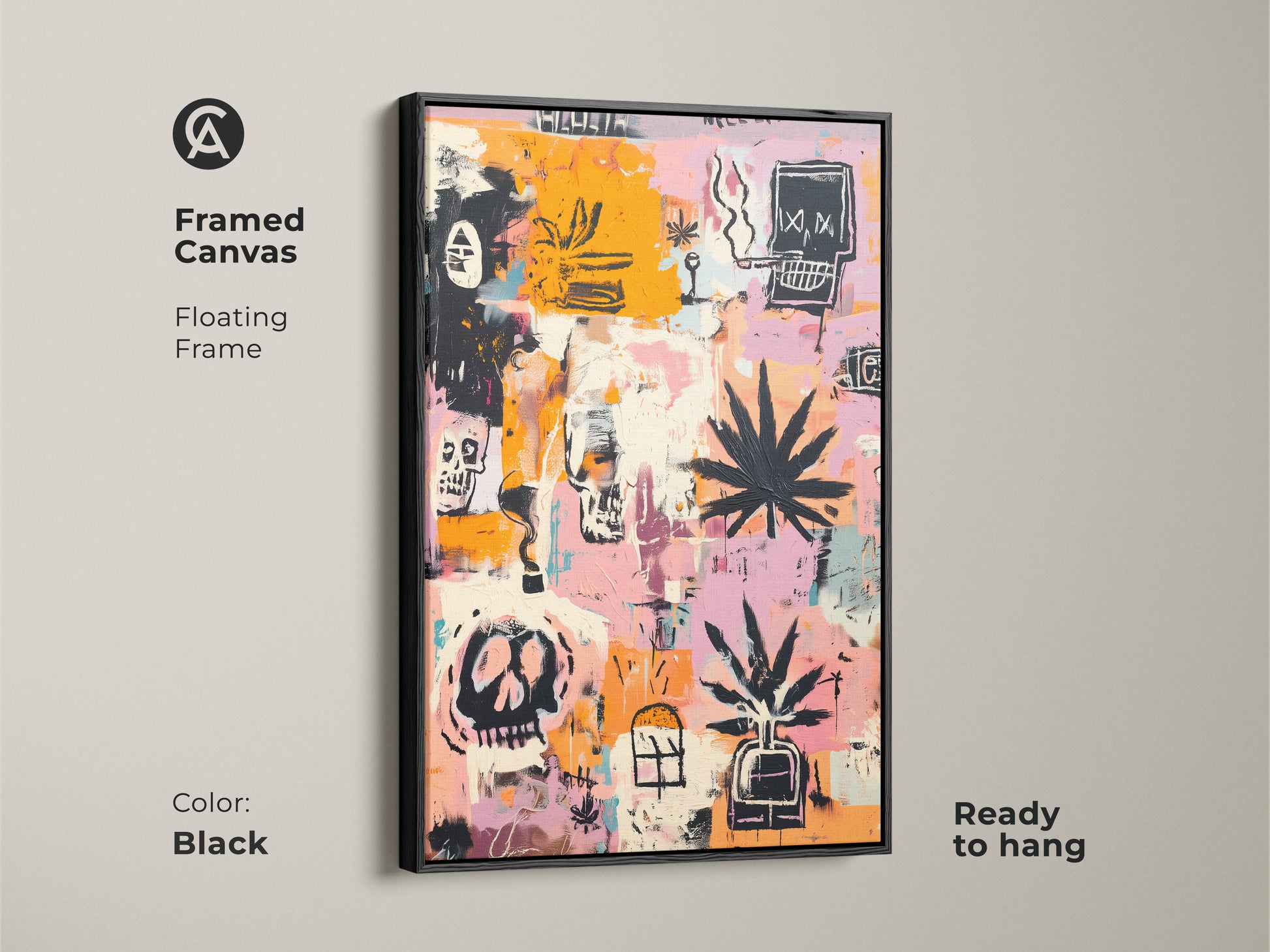Framed canvas art in a black floating frame. The artwork features skulls and cannabis leaves. Ready to hang. This graffiti-style art adds a modern touch. Perfect for art enthusiasts. Elevate your home decor with this unique framed print.