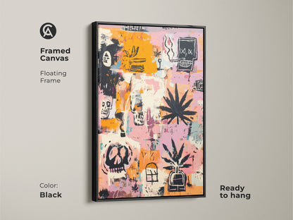 Framed canvas art in a black floating frame. The artwork features skulls and cannabis leaves. Ready to hang. This graffiti-style art adds a modern touch. Perfect for art enthusiasts. Elevate your home decor with this unique framed print.