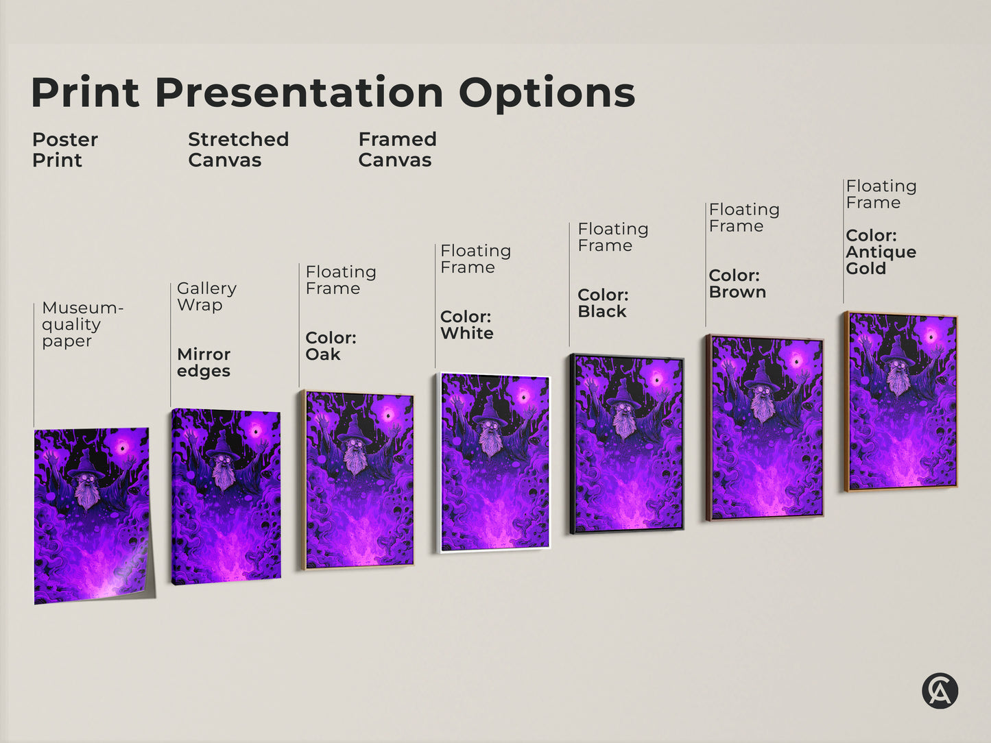 Print presentation options for wizard art. Choose from poster prints stretched canvas or framed canvas. Various frame colors available. Find the perfect mystical artwork for your space.