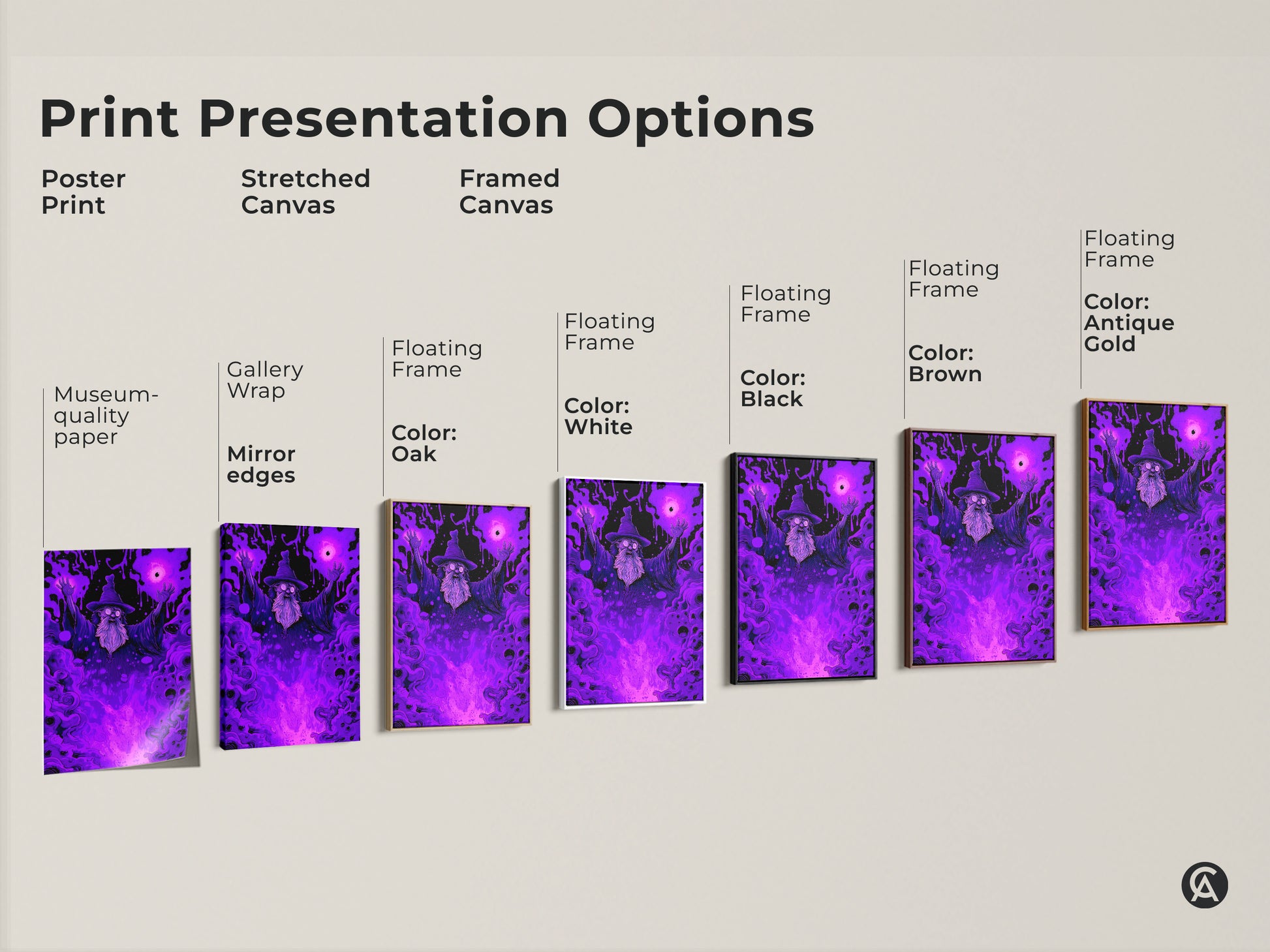 Print presentation options for wizard art. Choose from poster prints stretched canvas or framed canvas. Various frame colors available. Find the perfect mystical artwork for your space.