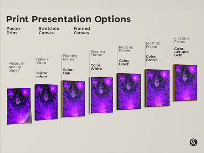 Print presentation options for wizard art. Choose from poster prints stretched canvas or framed canvas. Various frame colors available. Find the perfect mystical artwork for your space.