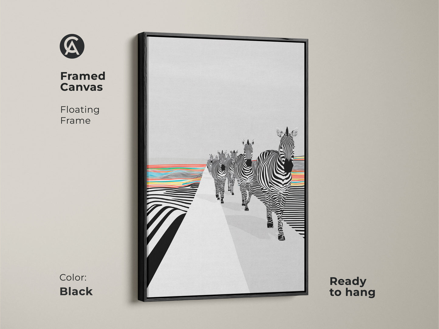 A framed canvas in a black floating frame. The abstract animal print for living room is ready to hang. The black and white zebras contrast with rainbow stripes. This contemporary eclectic wall art is a unique piece. This wall art adds personality to any living space