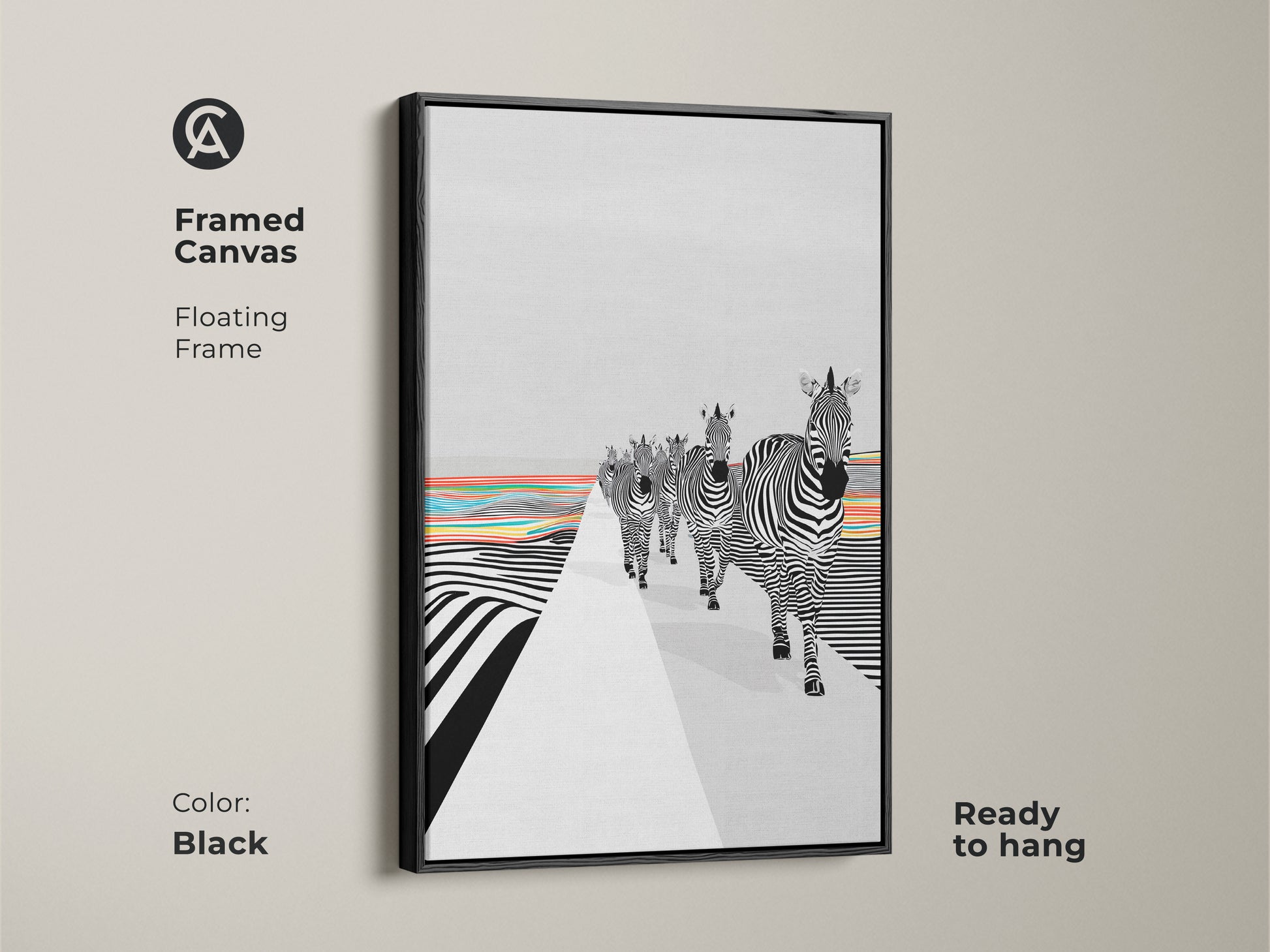 A framed canvas in a black floating frame. The abstract animal print for living room is ready to hang. The black and white zebras contrast with rainbow stripes. This contemporary eclectic wall art is a unique piece. This wall art adds personality to any living space