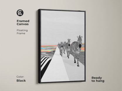 A framed canvas in a black floating frame. The abstract animal print for living room is ready to hang. The black and white zebras contrast with rainbow stripes. This contemporary eclectic wall art is a unique piece. This wall art adds personality to any living space