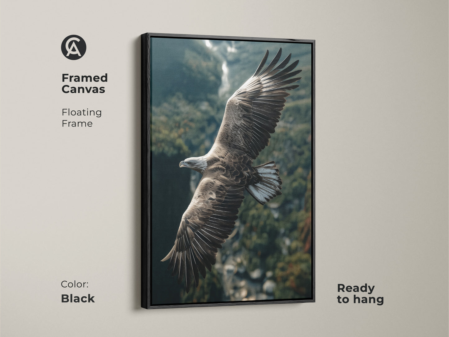 Framed canvas shows an eagle soaring over mountains. The black floating frame enhances the wildlife artwork. Ready to hang for easy rustic home decor. A perfect gift for bird watchers or a Father's Day nature art gift.